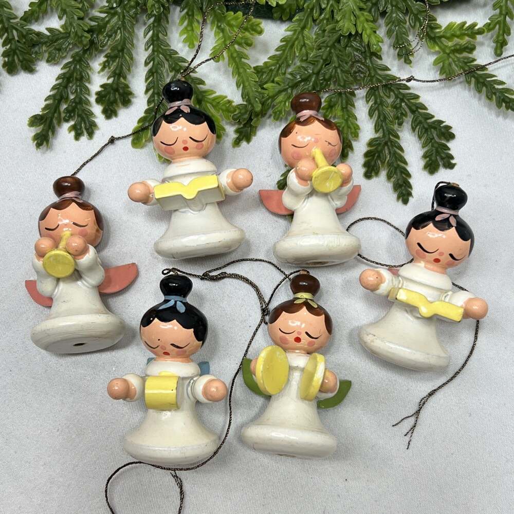Vintage Set of 6 Wooden Angels Made in Italy Chior Instruments Small Mini Wood